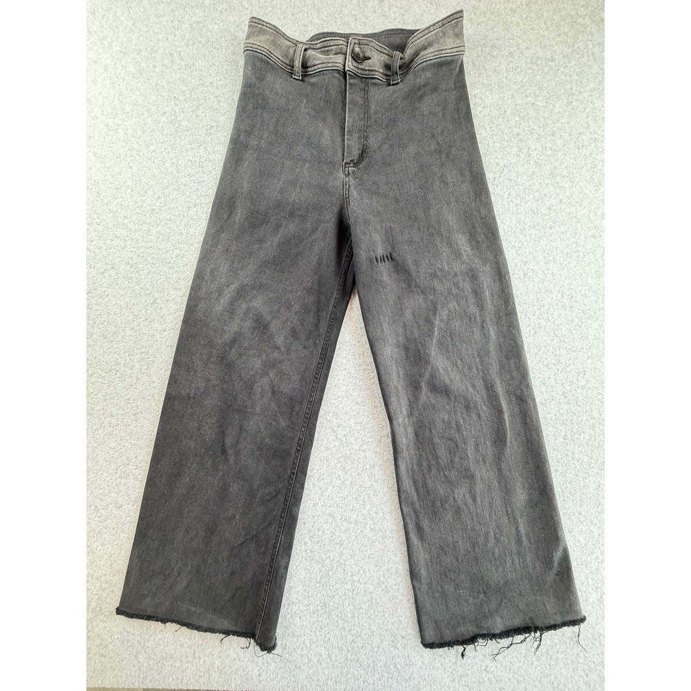 Miou Muse Womens High Waisted Wide Leg Jeans Faded Black Raw Hem Size L